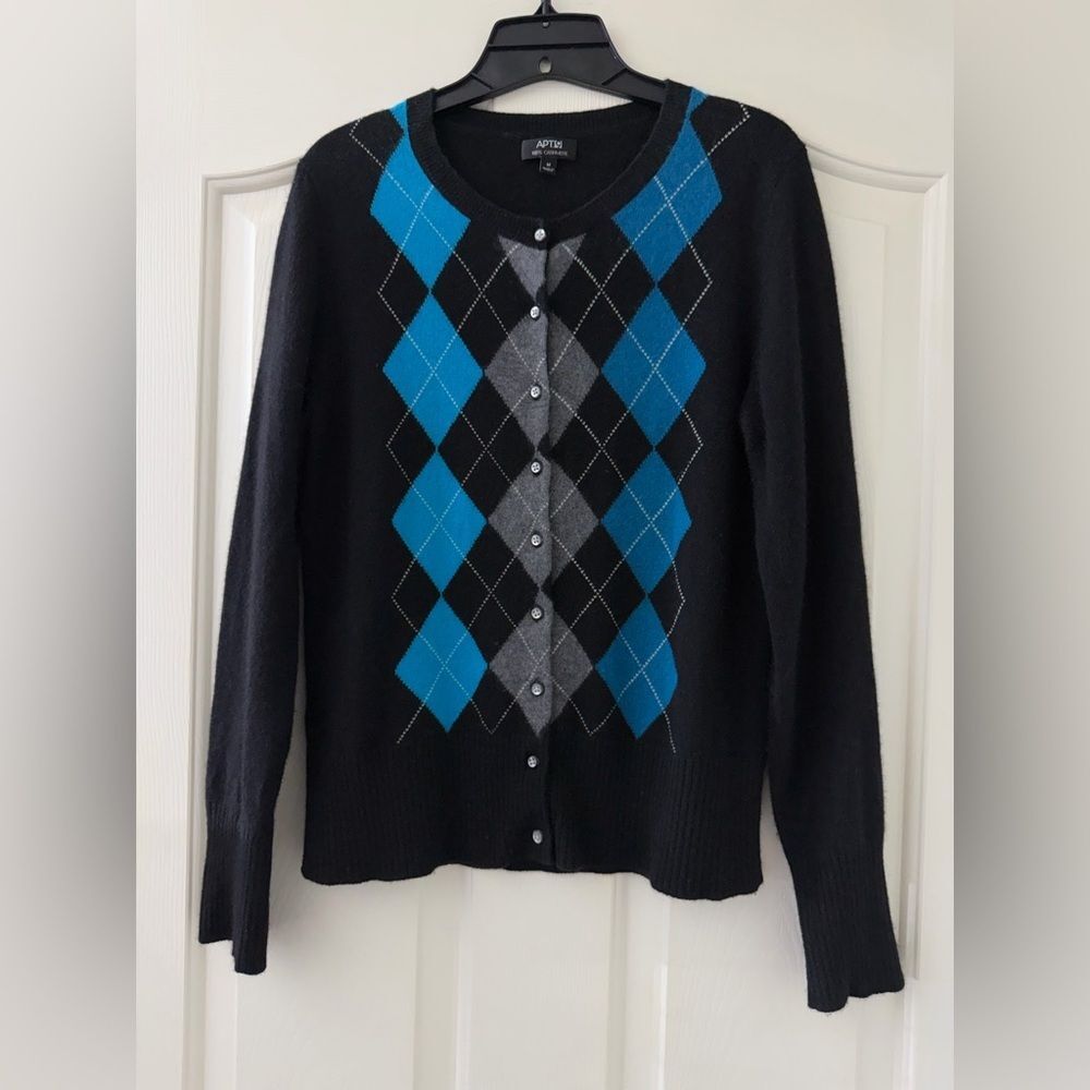 Apt 9 M Cashmere Black Argyle Cardigan Sweater Diamond Preppy Dark Academia Cozy